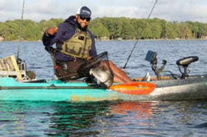 Catching a fish from a kayak