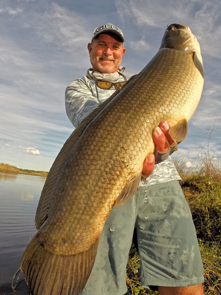 Angler releases a bowfin fish