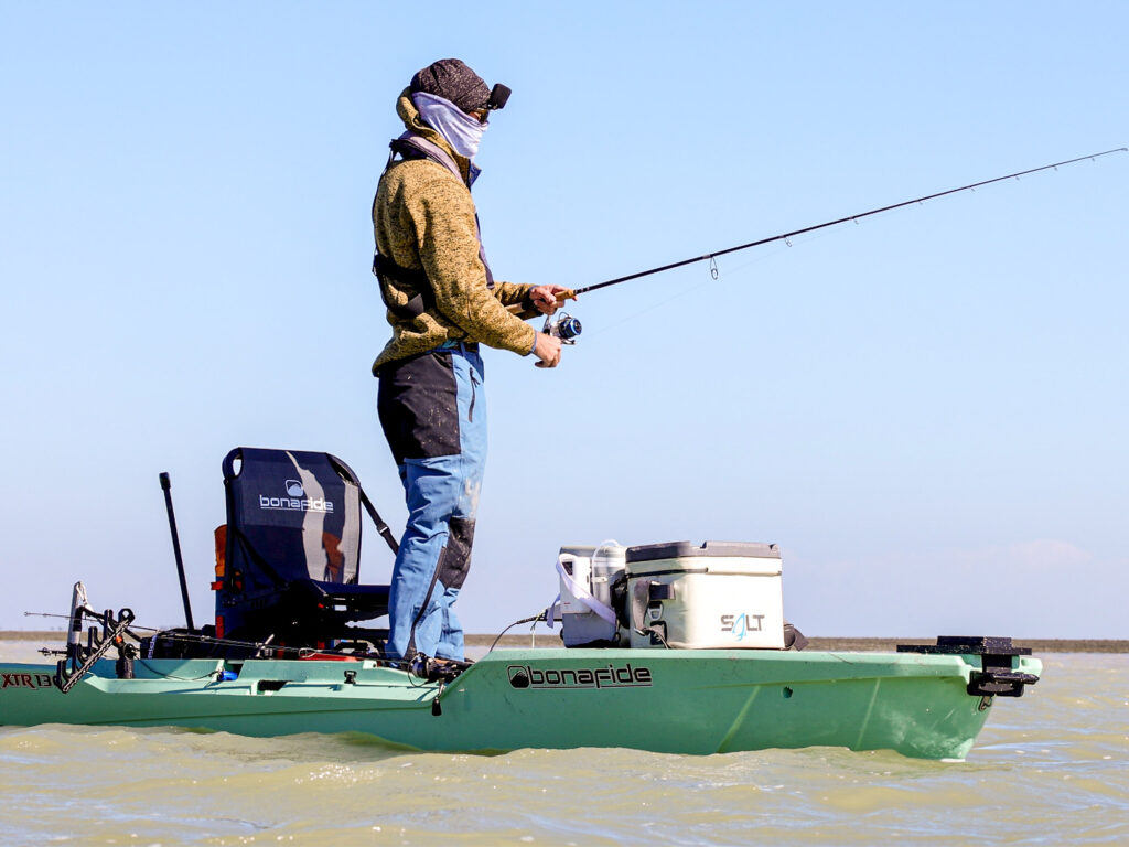 An angler kayak fishing the flats of Florida Bay.