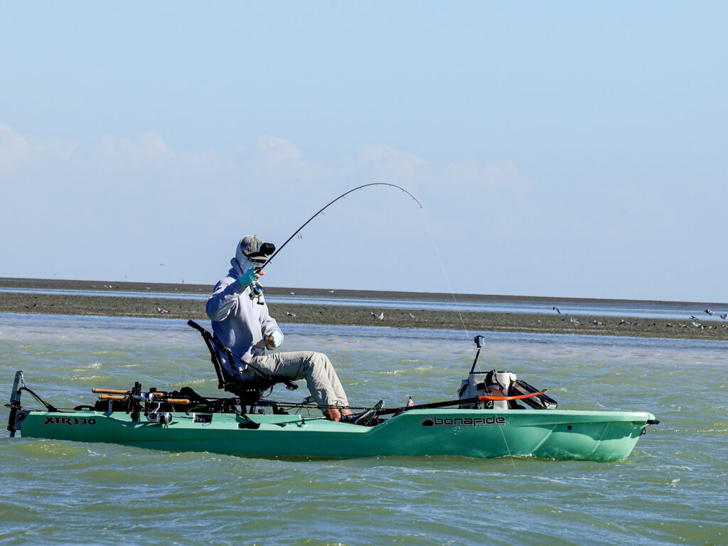 Kayak fishing on the flats of Florida Bay at Flamingo, Everglades.